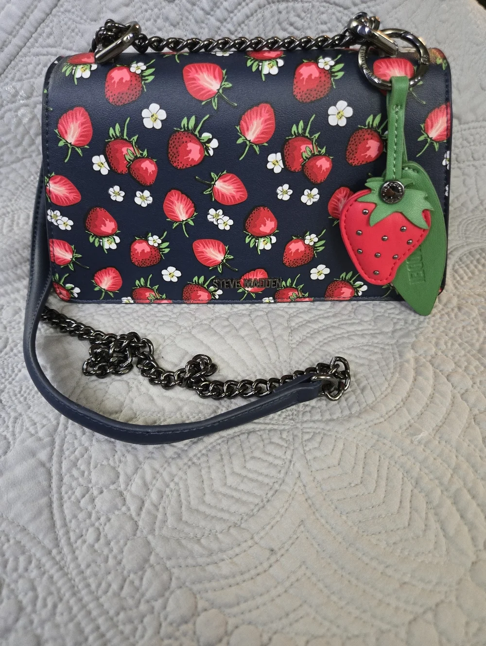 Steve Madden Black Crossbody Bag with Red Strawberry Print - Picture 1 of 5